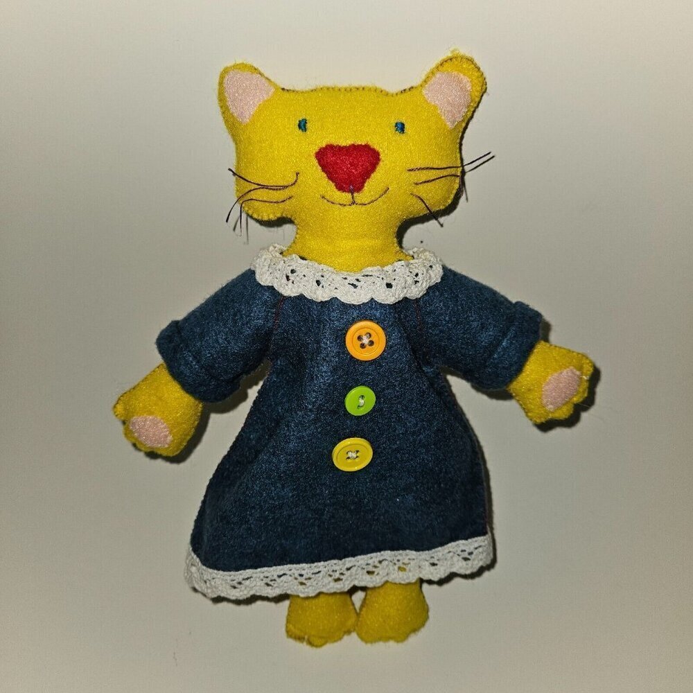 VTG Yellow Kitty Cat Plush Wearing Blue Dress 9.5" Stuffed Animal Toy Handmade?